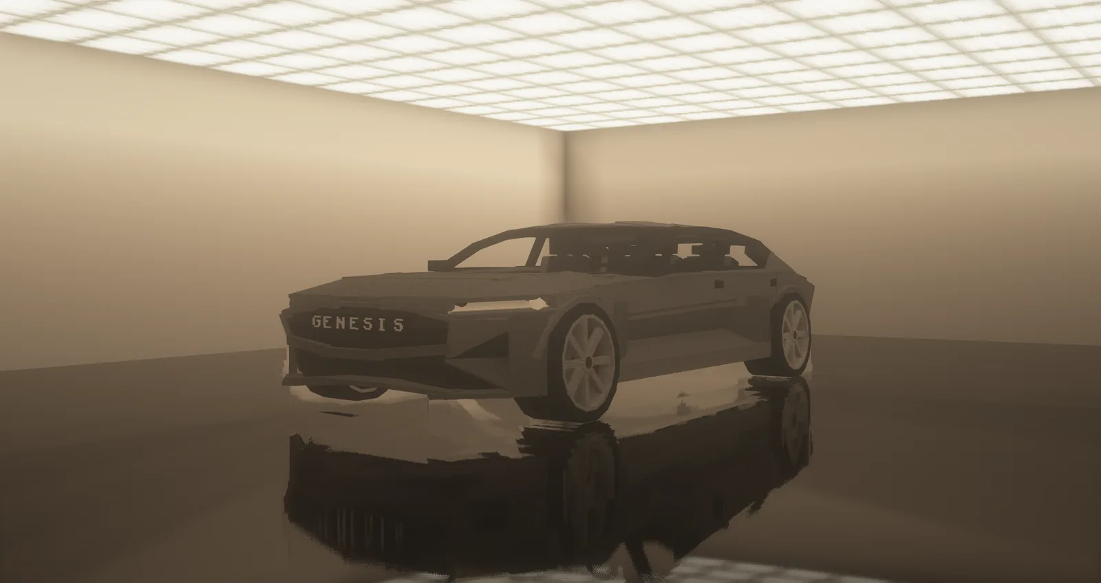 Concept-car Genesis gris dans un showroom blanc, reflet au sol