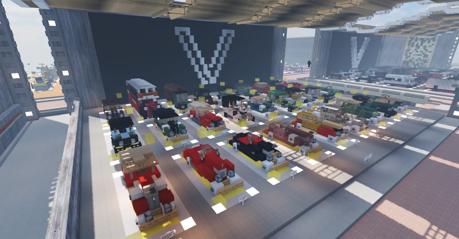 Hall d'exposition automobile, rangées de voitures rouges et blanches