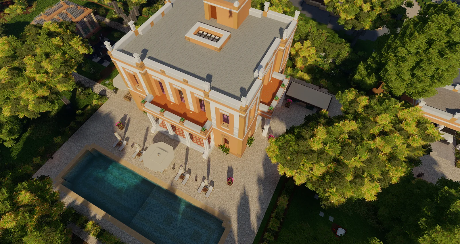 Vue aérienne d'une villa méditerranéenne ocre et de sa piscine turquoise